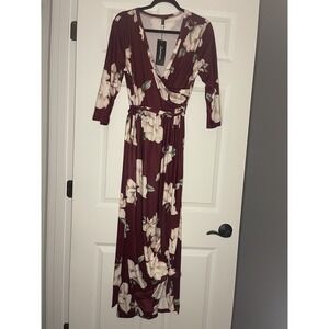 Zattcas Long Sleeve Faux Wrap Maxi Dress Large Floral Print Belted Nwt